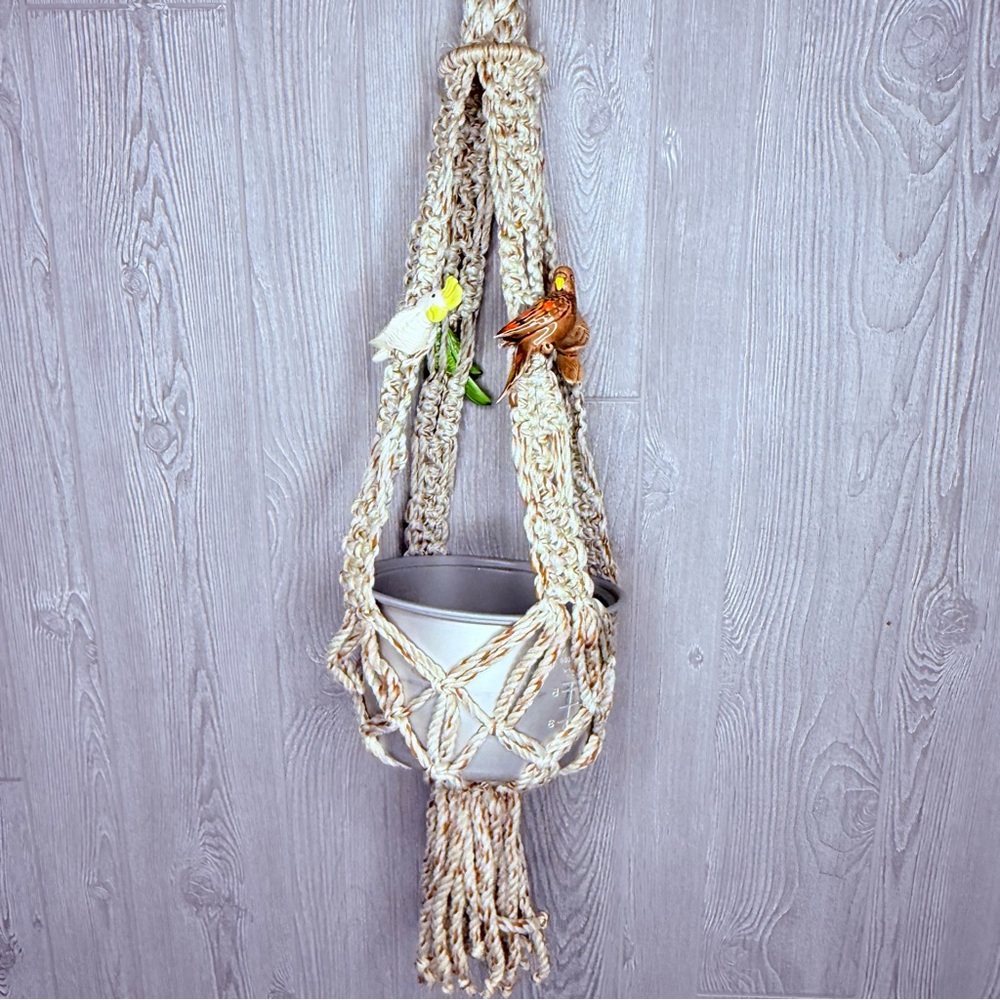 Vintage 70s / 80s boho macrame plant hanger pot holder with ceramic bird beads